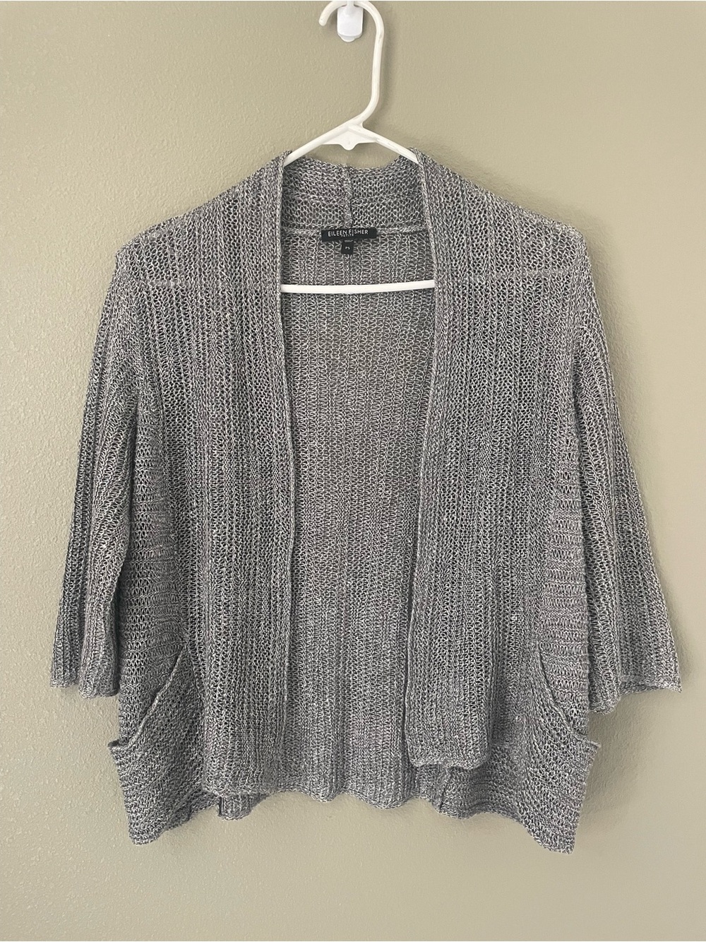 Eileen Fisher Open-Front 3/4 Sleeve Gray Knit Cardigan Size PS